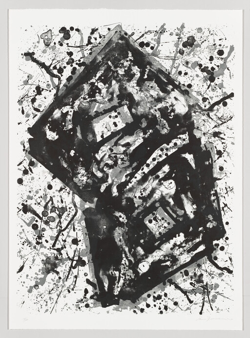 Bold black ink splatters form a rotated diamond shape with layered textures and scattered splashes.