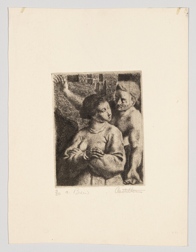 A young woman stands with clasped hands while a shirtless man leans close behind her.