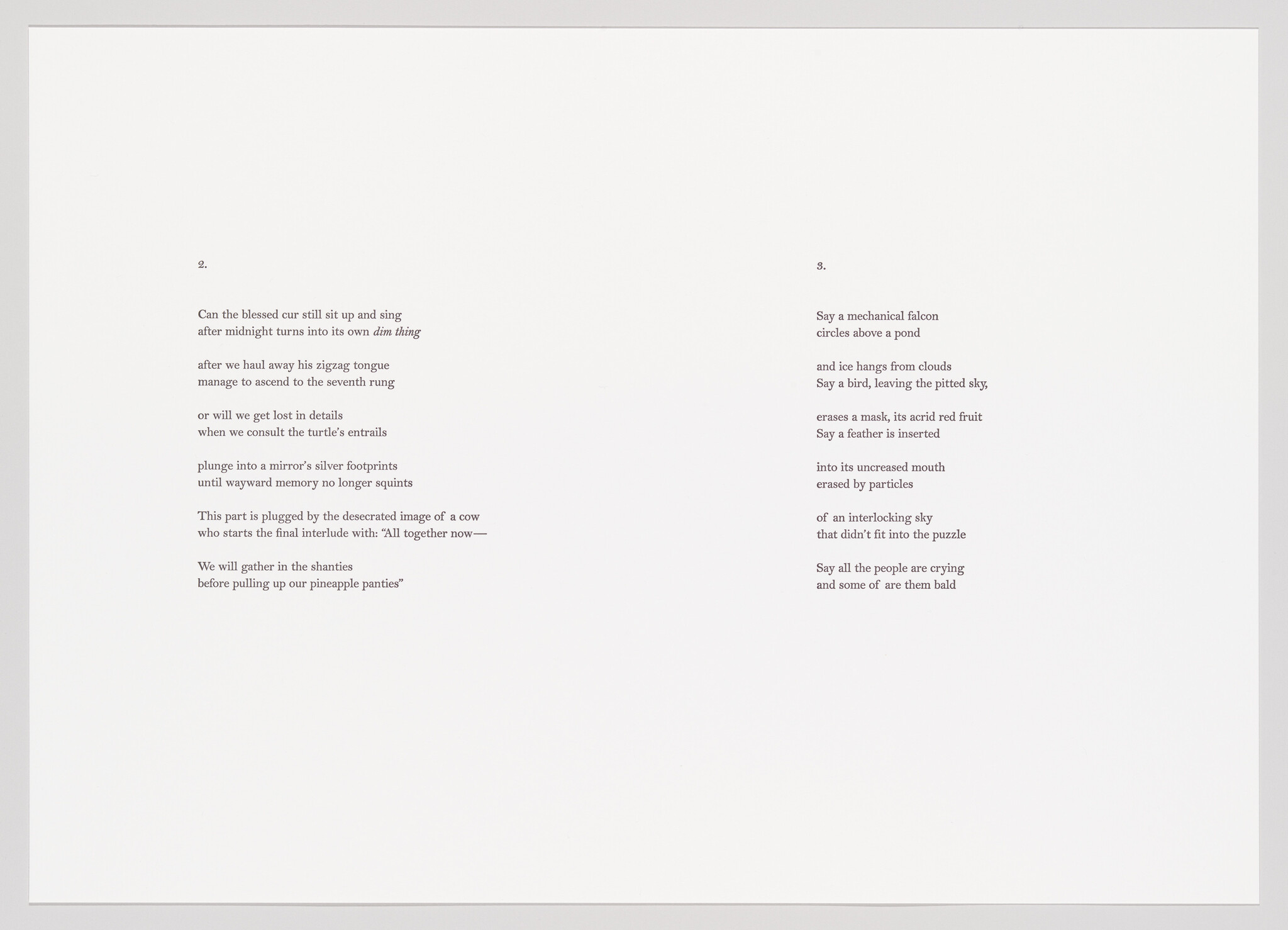 A photograph of a white paper with two sections of text, numbered 2 and 3, containing poetic verses. The text is black, with a clean, modern font, and is positioned towards the upper half of the paper, leaving a large white space below.