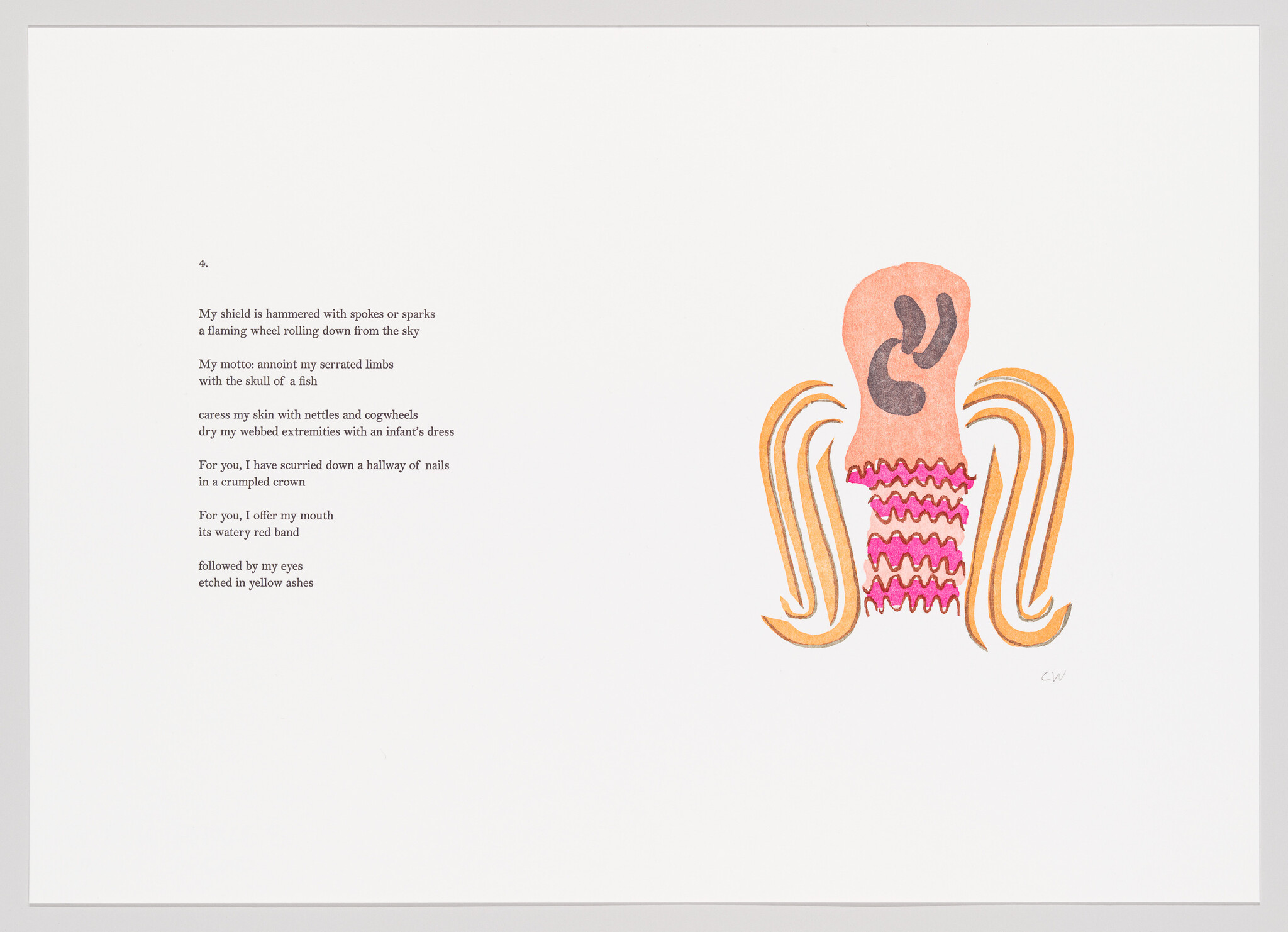 A piece of artwork featuring a stylized octopus with a pink and brown body and decorative tentacles, positioned to the right on a white background. To the left, there is a poem printed in black text. The artist's initials "CW" are visible in the lower right corner.