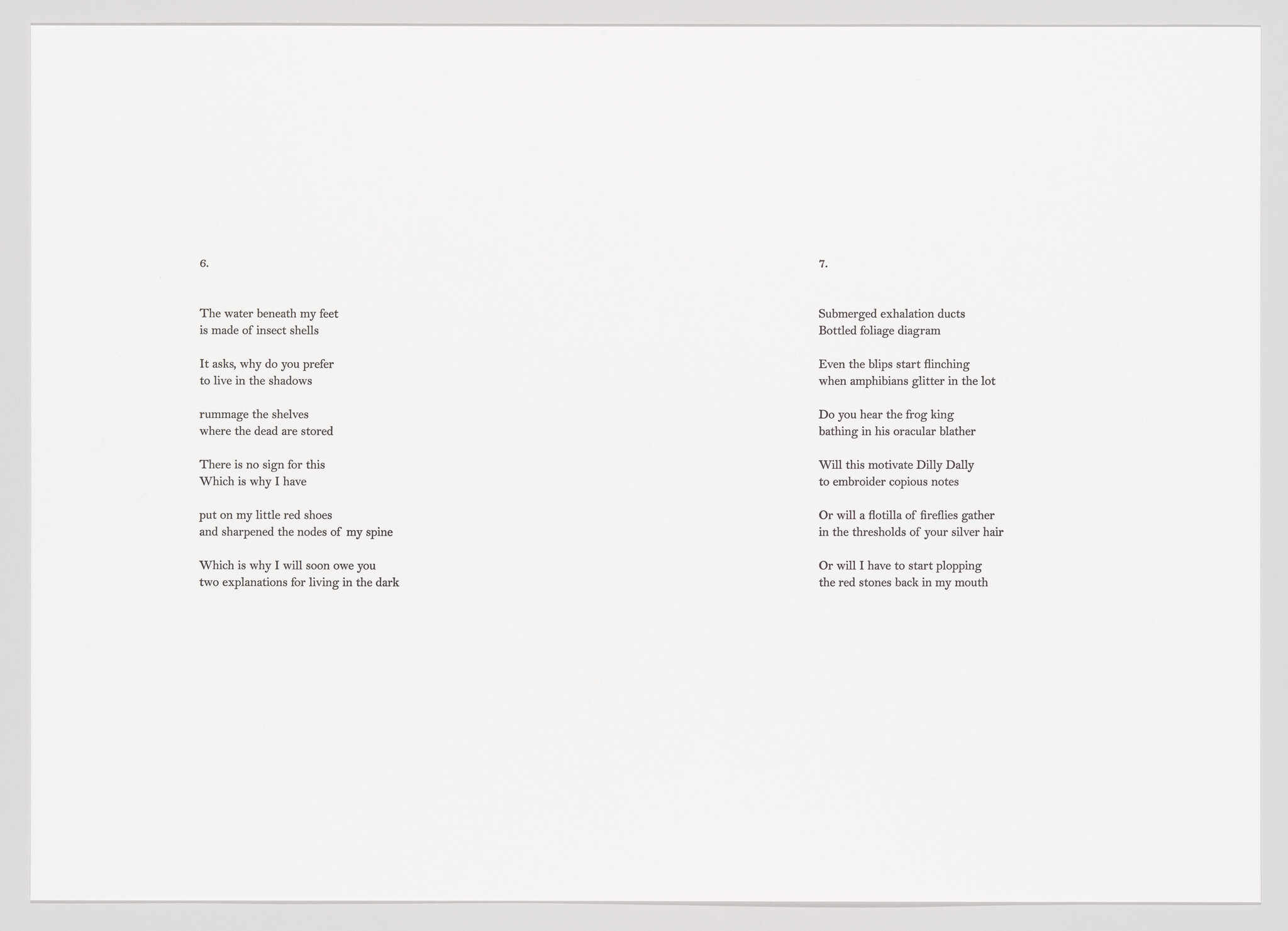 A white background with two sections of text, one on the left and one on the right, resembling pages from a book or a poetry layout. Each section is numbered, with the left being number 6 and the right number 7, containing abstract and evocative verses.