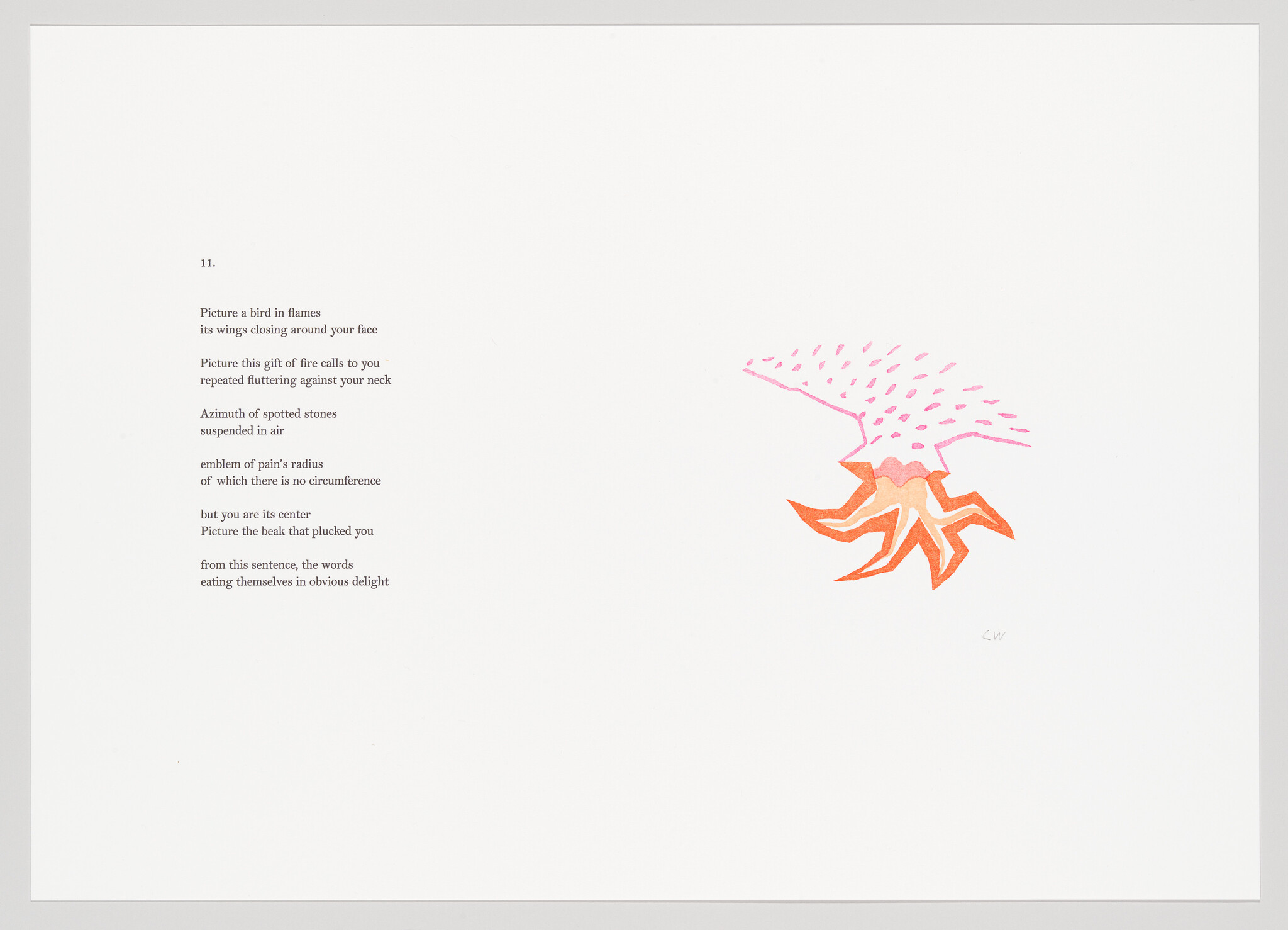 A minimalist artwork featuring a poem on the left and a stylized, abstract illustration of a bird in orange and pink hues on the right, with the bird appearing to be in motion or transformation. The artist's initials "CW" are visible at the bottom right of the illustration.