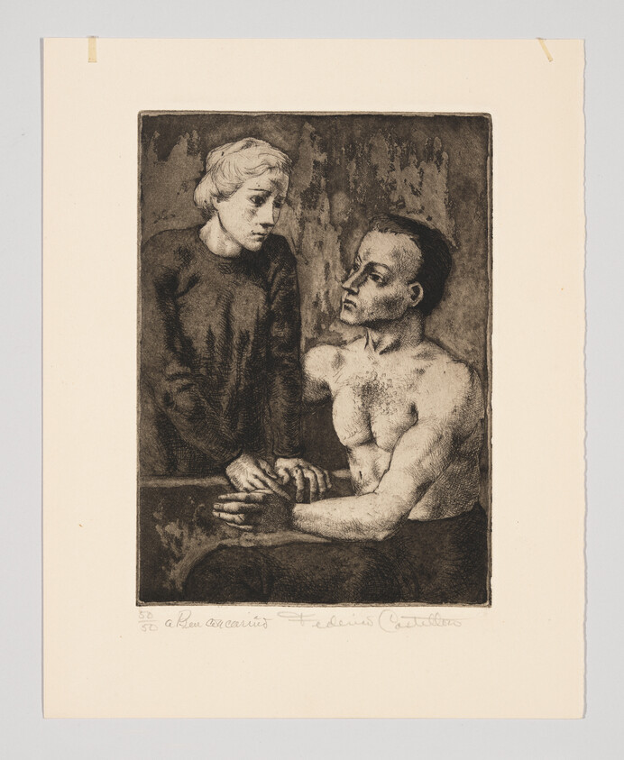 A seated shirtless man holds the hands of a standing woman who looks down at him.