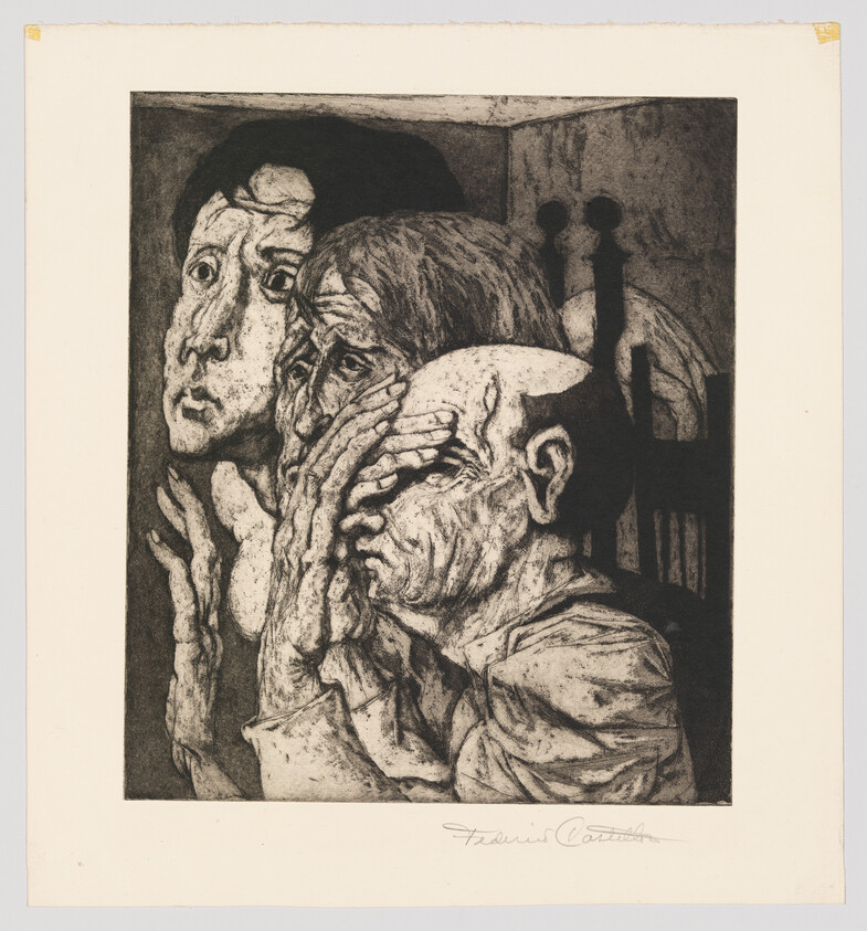 Three distressed figures crowded together, one covering his face while others stare anxiously.