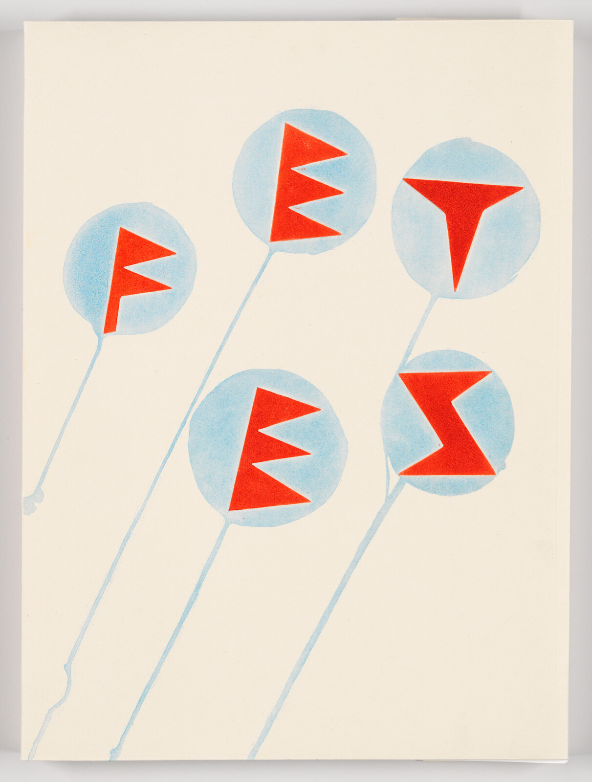 Five blue balloons each show a red geometric symbol and have thin trailing strings.