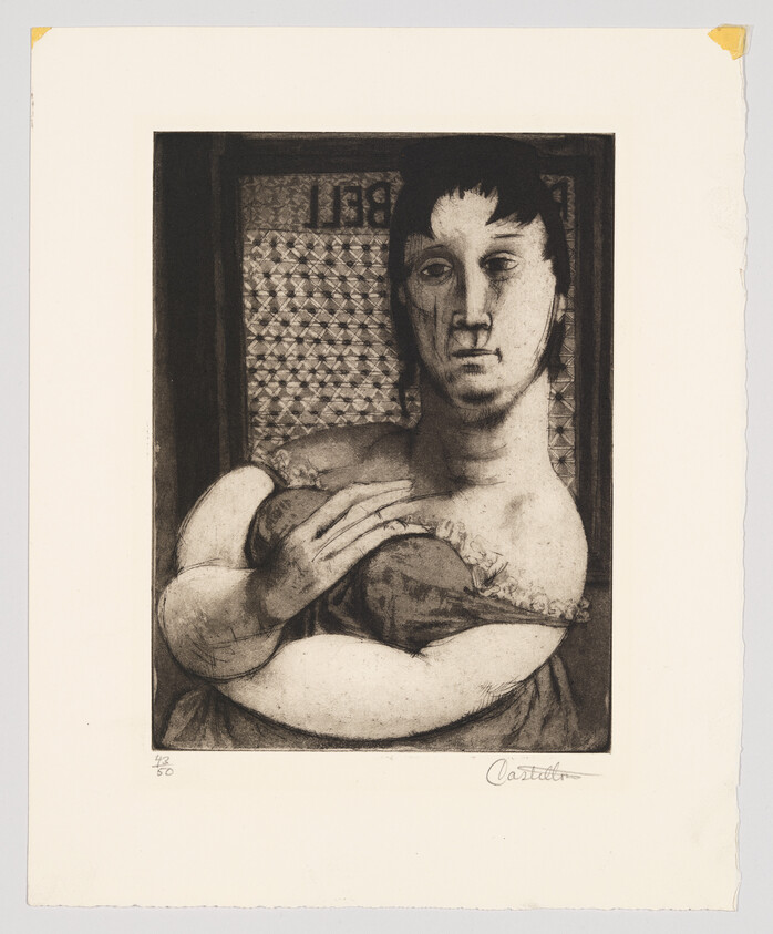 A seated woman with folded arms and patterned background in a dark, etched portrait.