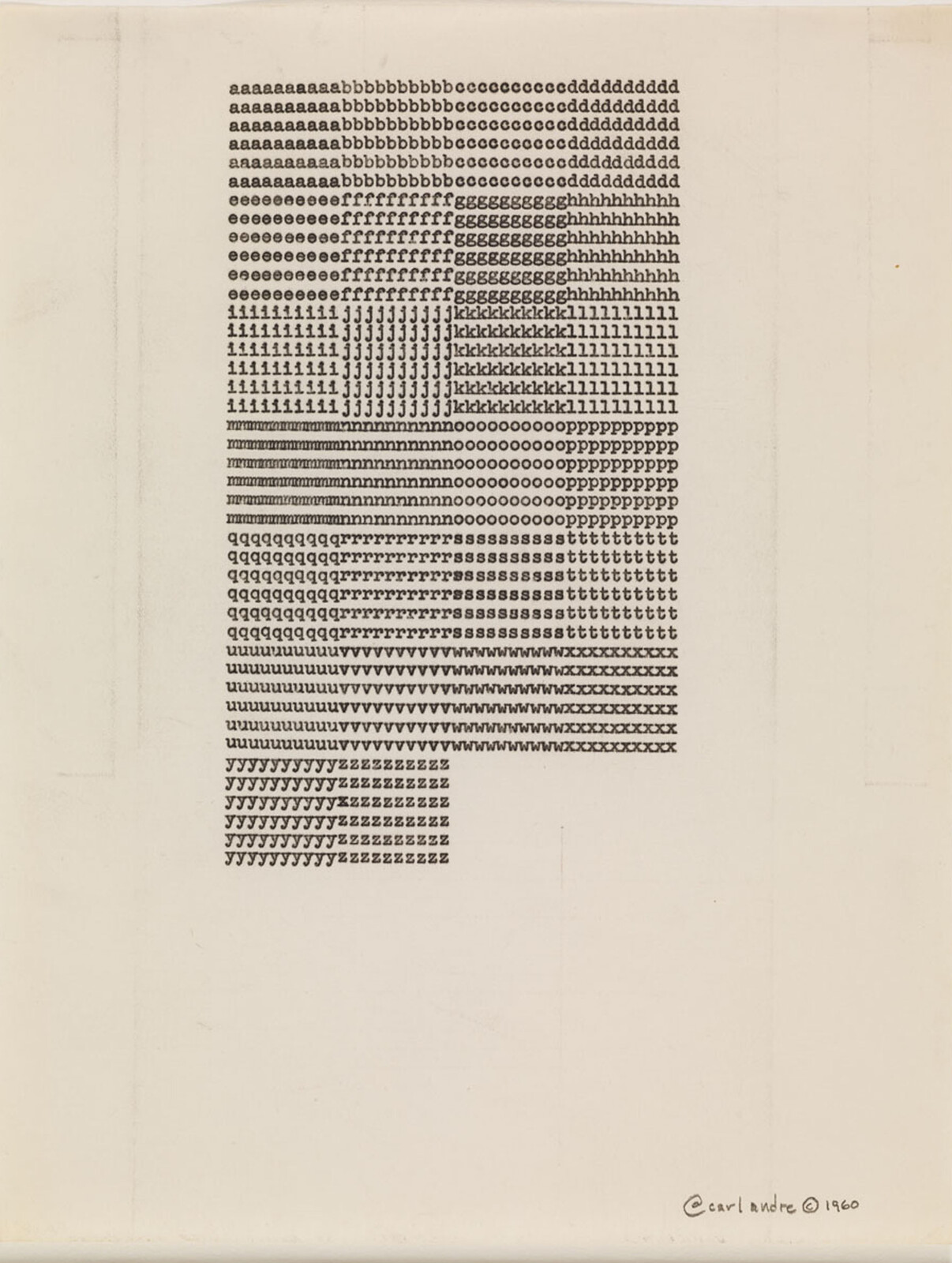 Typed letters form a grid pattern, signed "carl andre © 1960" in the bottom right corner.