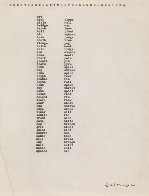 Two narrow columns of short nouns listing simple objects and structures, signed by Carl Andre.