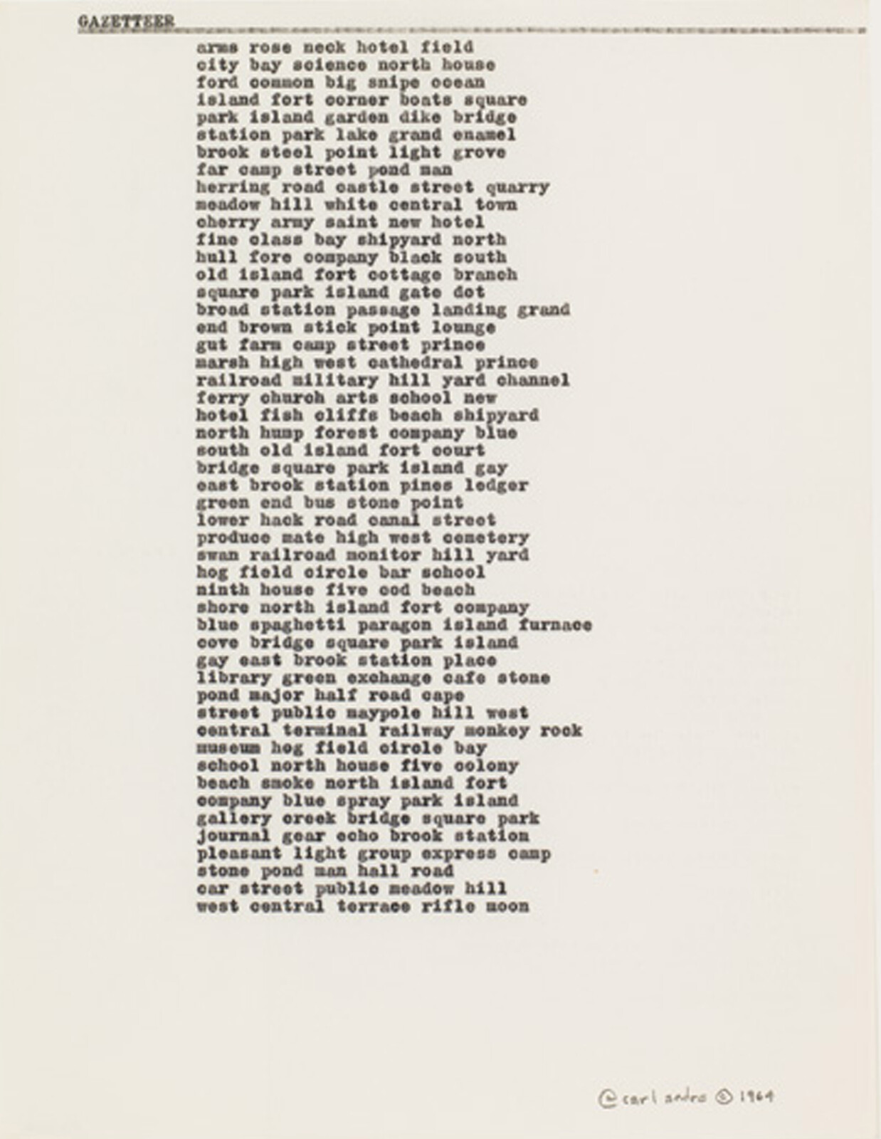 Typed list of words and phrases, including "arms," "rose," "neck," and "hotel." Signed "carl andre © 1964."