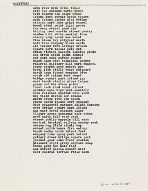 Typed list titled Gazeteer showing many short place-name phrases and a small signature at the bottom.