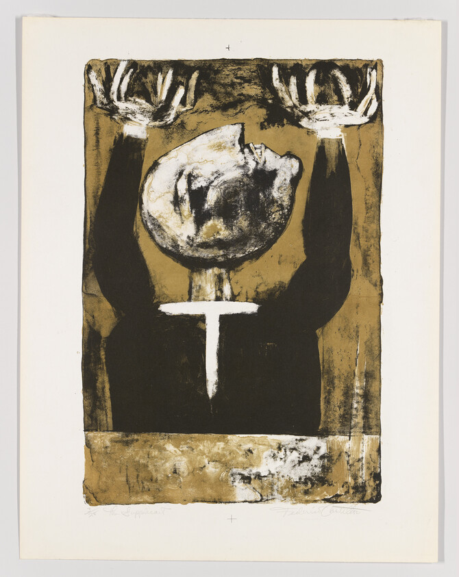 A dark figure with head tilted back raises both arms above its shoulders against a brown background.