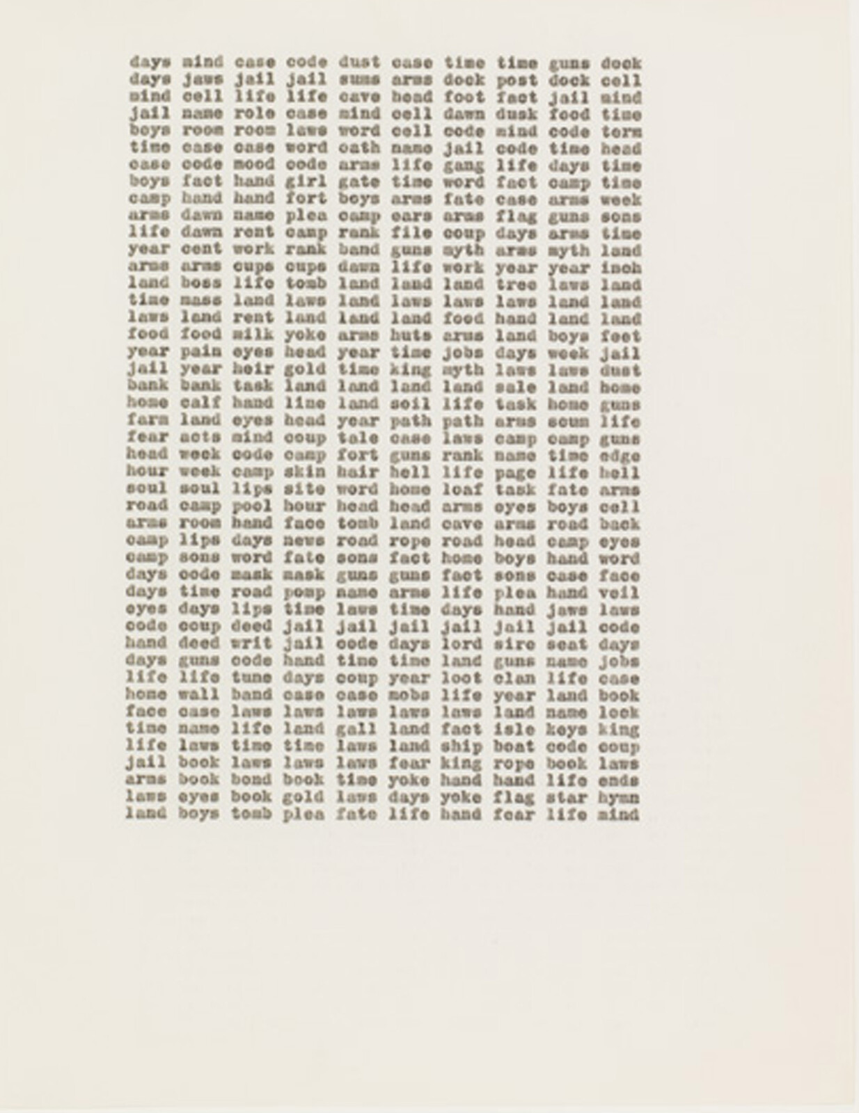 Rows of repeated words like "days," "jail," and "life" are typed in a grid pattern.