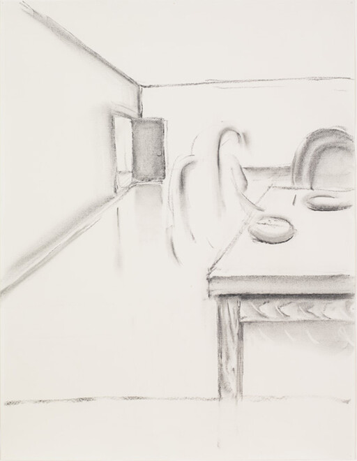 A simple pencil sketch of a table with plates and curved chairs and an open door.