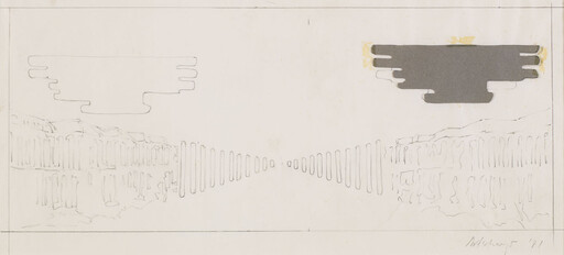 Symmetrical pencil sketch of vertical columns converging to a distant vanishing point with cloud shapes above.