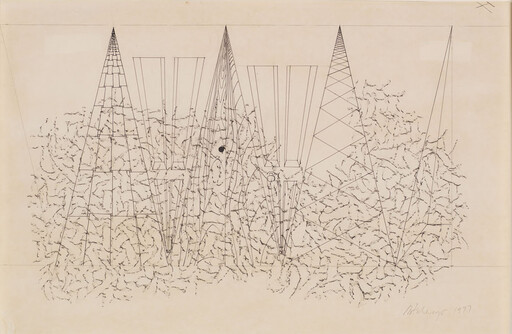 Several tall geometric cone and pyramid outlines rise above a textured, scribbled ground.