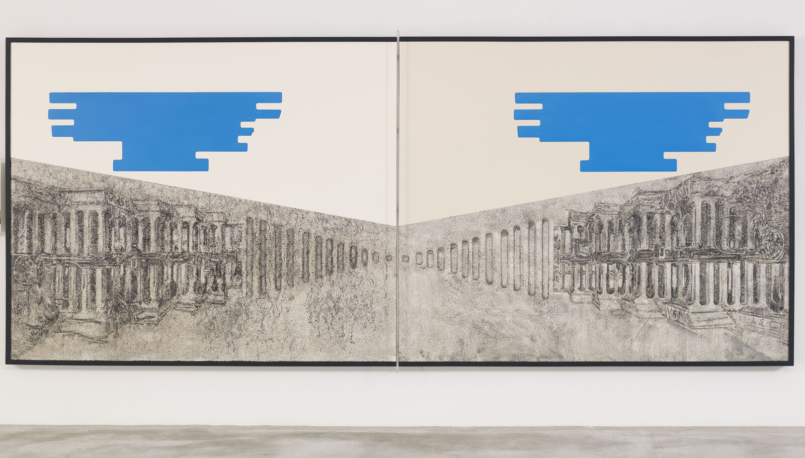 Two-panel artwork with blue geometric shapes above detailed architectural sketches on a textured background.