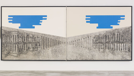 Large diptych artwork showing mirrored classical columns in gray with two bold blue abstract shapes above.