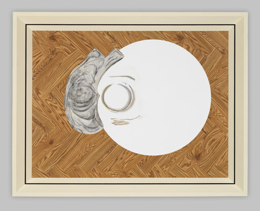 Framed artwork showing a large white circle beside a textured gray sculptural shape on wood grain.