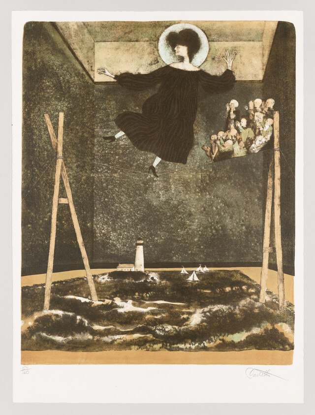 A surreal artwork depicting a floating figure in a black dress and halo, with outstretched arms, above a dark, textured landscape with a lighthouse and small sailboats. Below the figure, a group of people with upraised arms appears to be either catching or worshipping the figure. Two wooden ladders stand on either side, connected by a tightrope, suggesting a performance or escape. The scene is framed by a light border with the artist's signature and edition number at the bottom.