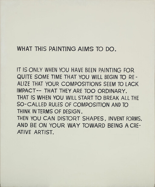 Large white canvas with bold black text explaining the painting's aim to encourage creative composition.