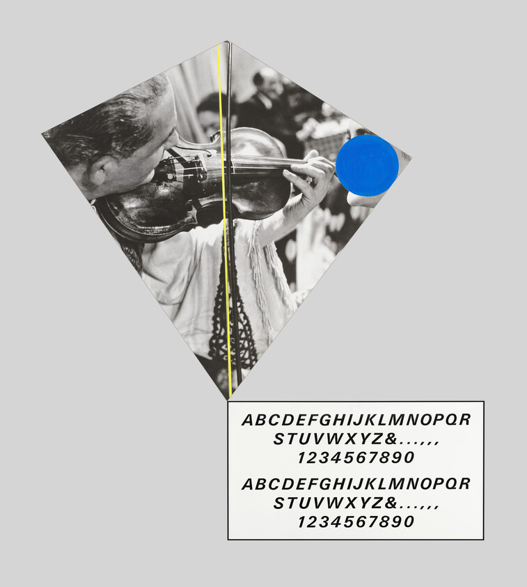 A black-and-white violinist framed in a diamond shape with a blue dot and alphabet samples below.
