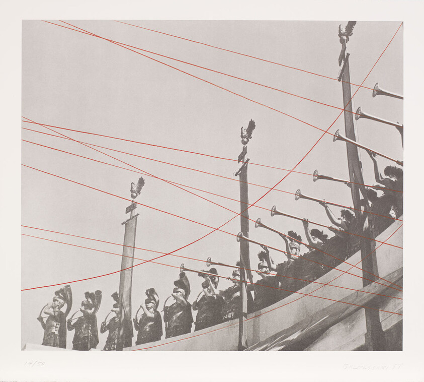 A row of trumpet players on a high ledge blowing long horns as red strings cross the sky.