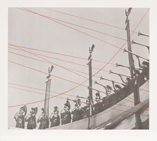 A row of trumpet players on a high ledge blowing long horns as red strings cross the sky.