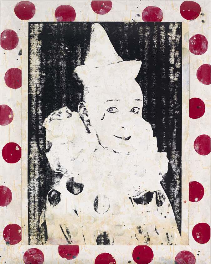 Vintage clown wearing a ruffled collar and pointed hat framed by a red polka-dot border.
