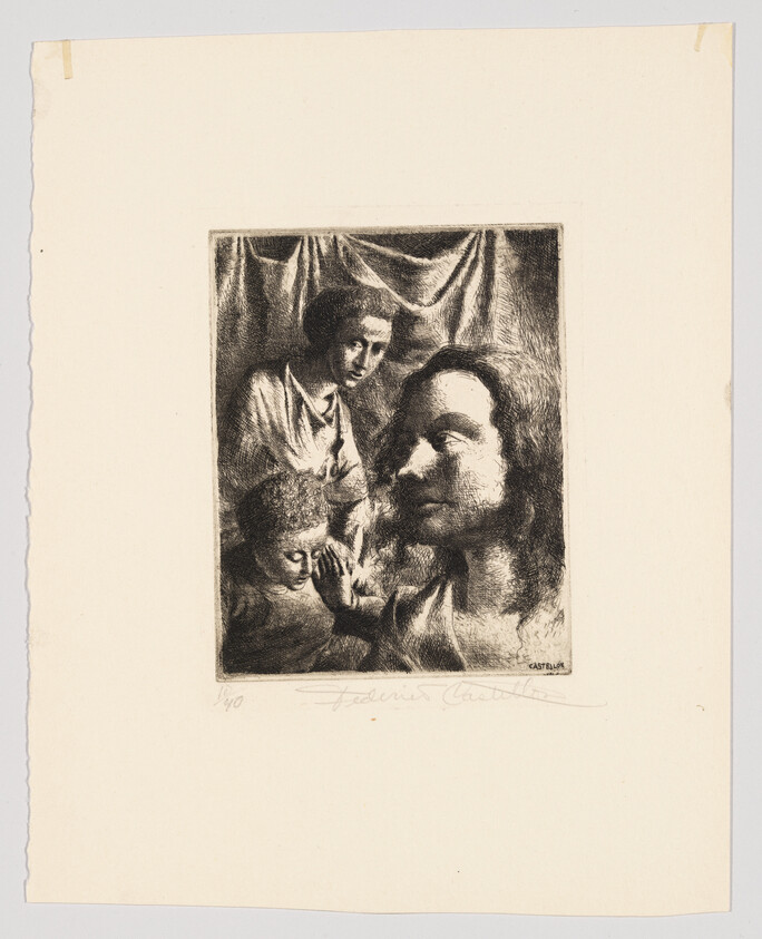 Three people in a dark etching with a large profile in the foreground and two figures behind.