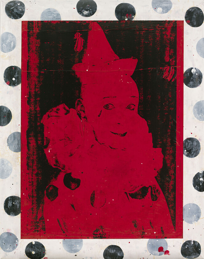 A red-toned portrait of a smiling clown wearing a cone hat and ruffled collar, framed by black polka dots.