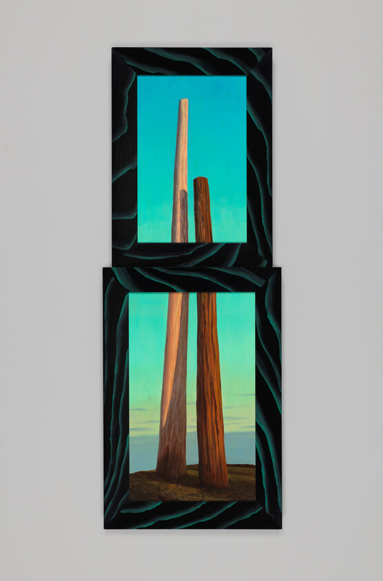 Two framed paintings stacked vertically show tall wooden poles against a bright blue sky and grassy ground.