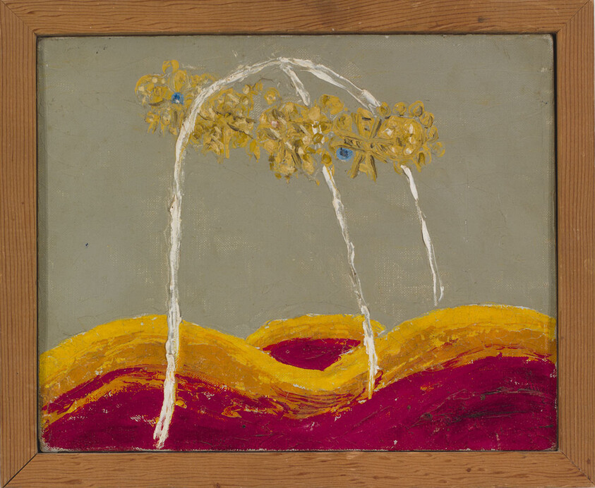 Yellow floral arches with white stems rise above red and orange wavy hills in a wooden frame.