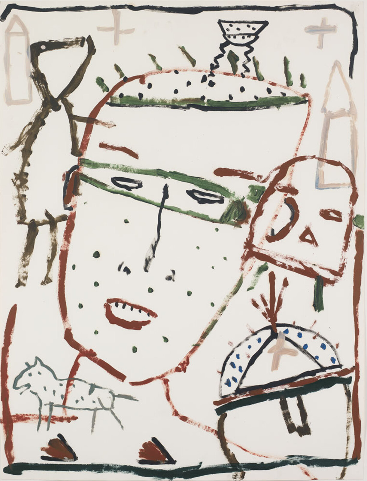 Large abstract face with green headband and dotted skin surrounded by smaller mask and horse drawings.