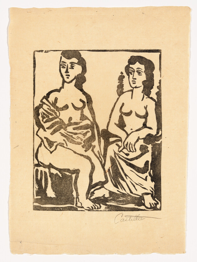 Two seated nude women in a simple black woodcut style, one partially draped with cloth.
