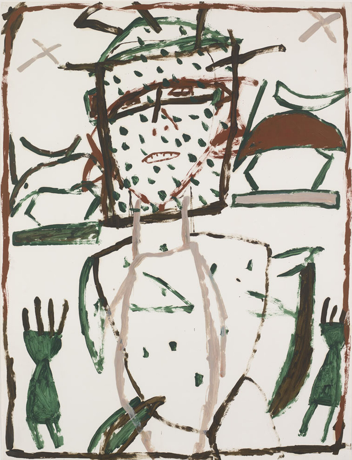 A stylized figure with a square-framed spotted face and raised green hands in loose brushstrokes.