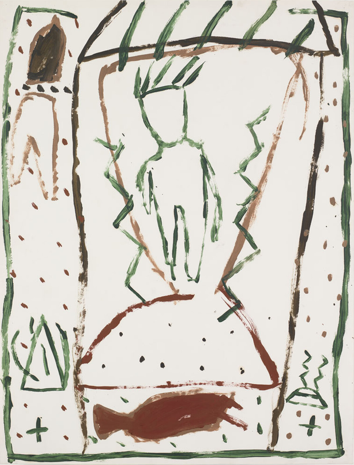Green stick-figure stands on a rounded mound above a brown fish in a framed painting.
