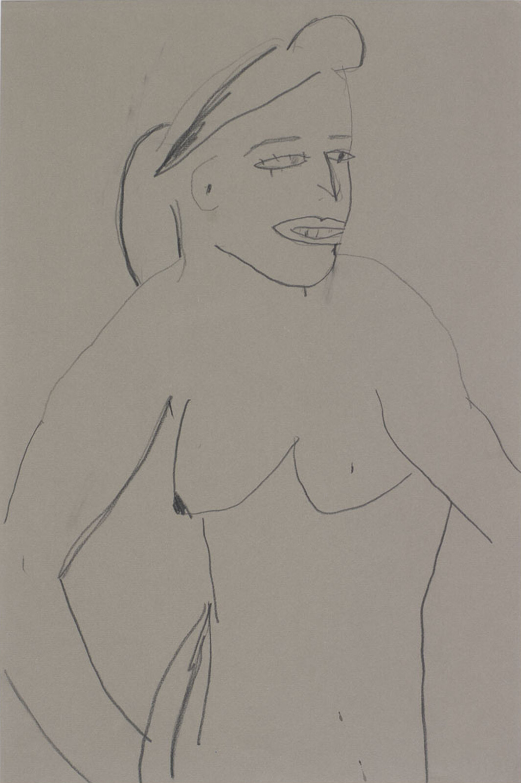 A simple pencil sketch of a standing woman with hands on her hips and bare chest.