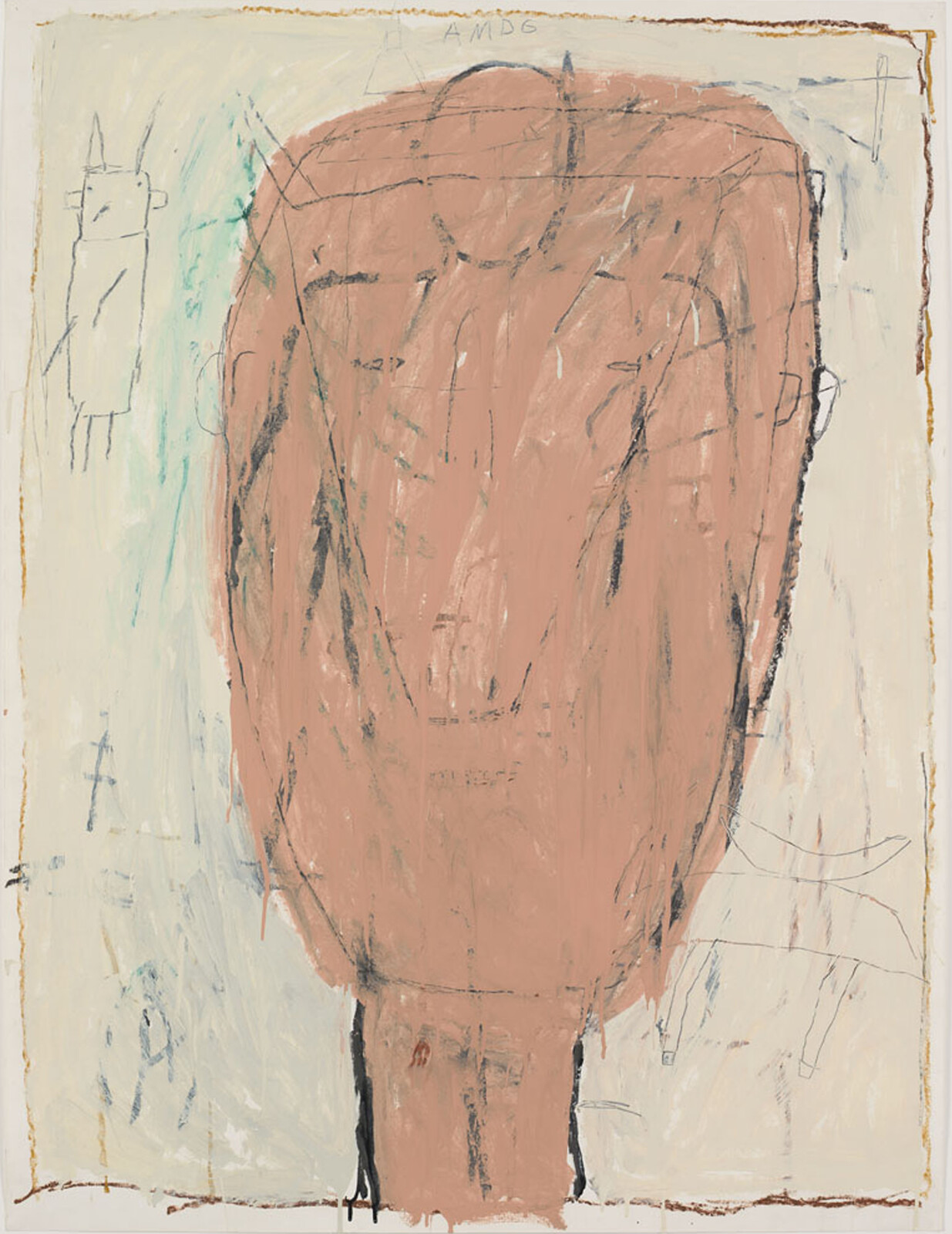 A large abstract peach-colored head shape with sketchy black lines on a pale background.