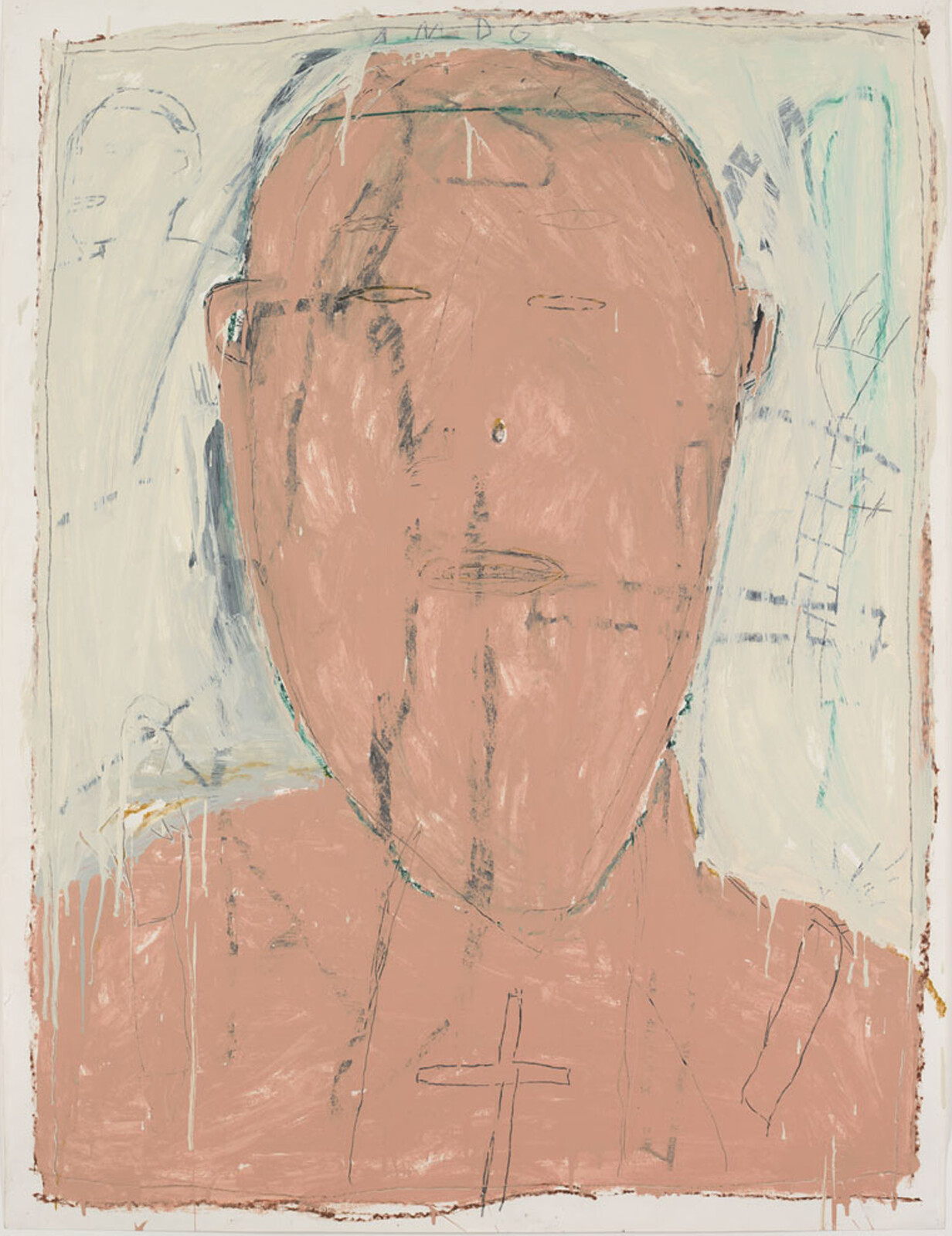 Large abstract pink portrait with faint facial marks and a simple cross on the chest.