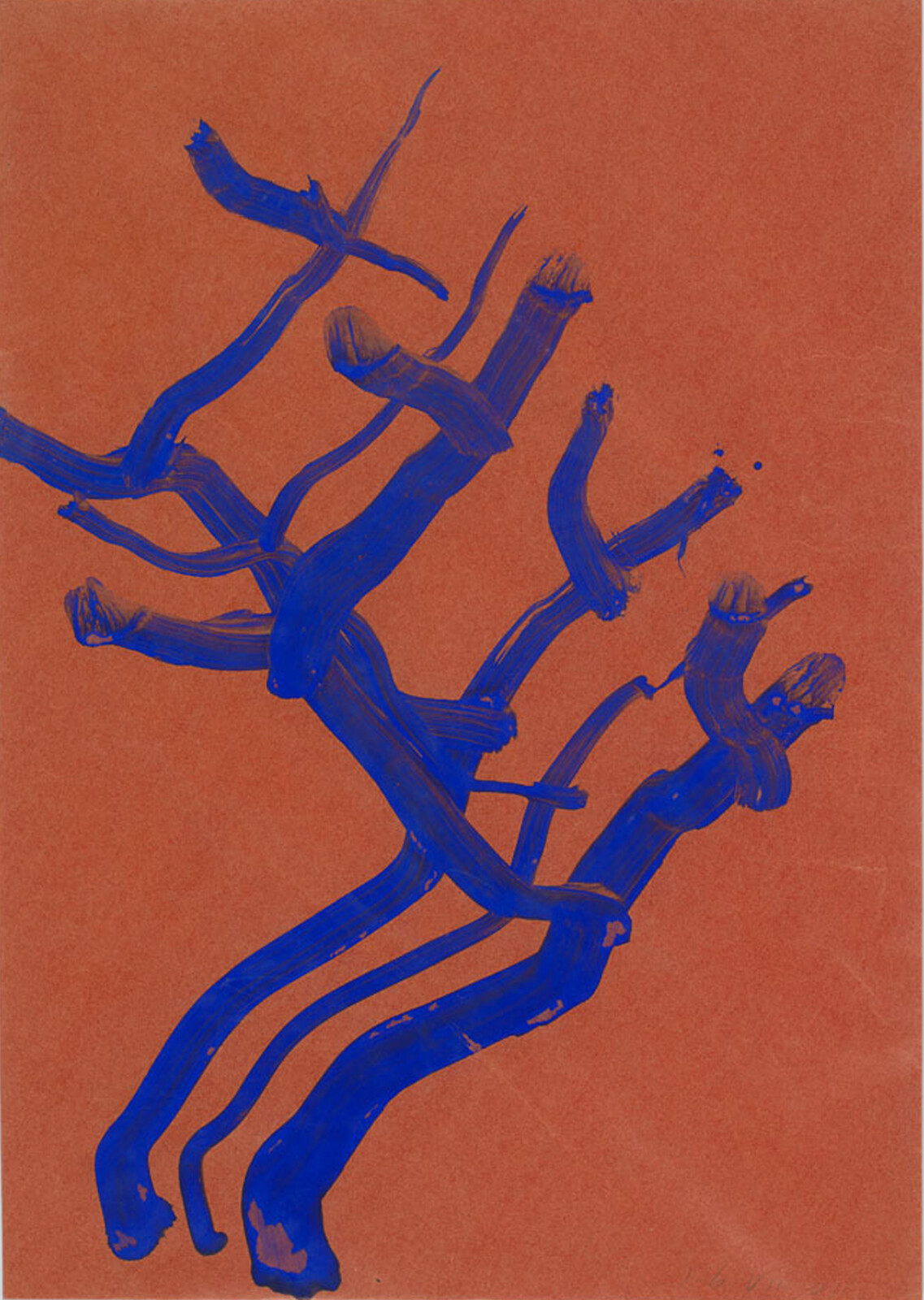Thick blue brushstrokes form twisting branch-like shapes against a solid orange background.