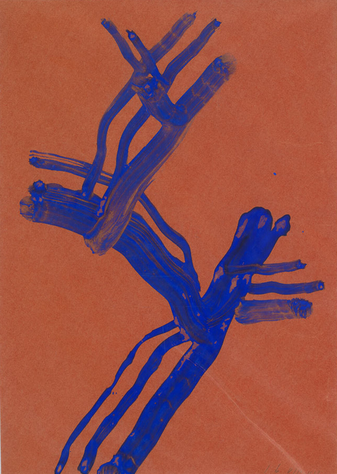 Bold blue brushstrokes form branching, handlike shapes across a solid red background.