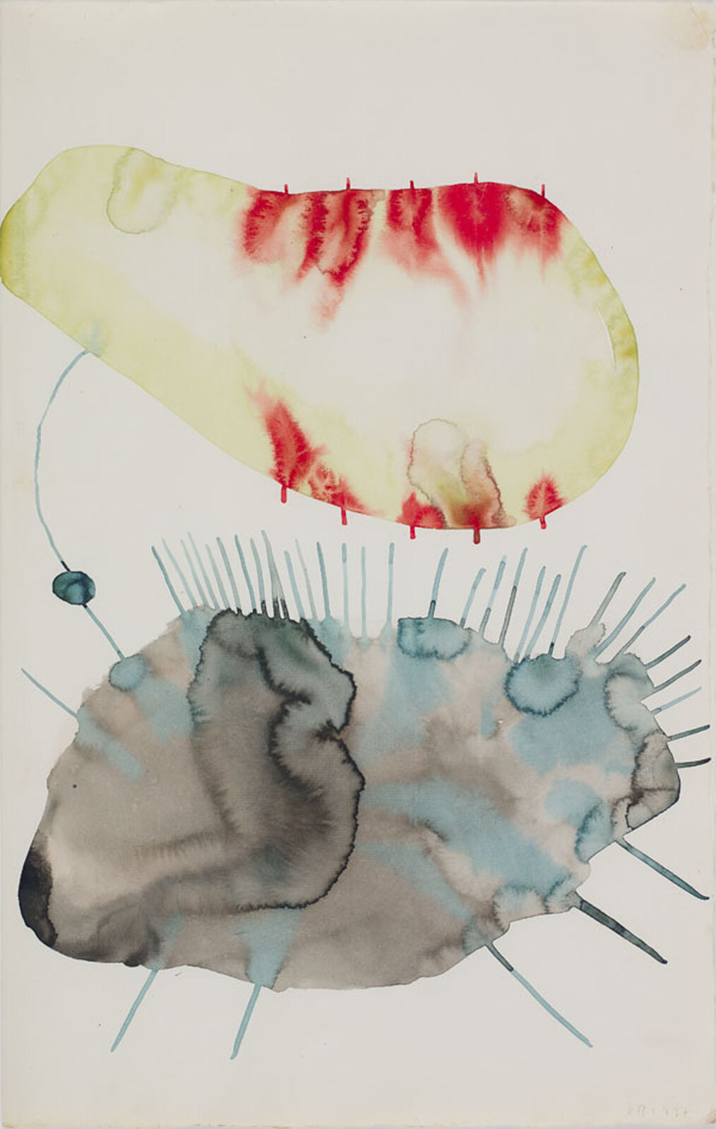 Two abstract watercolor shapes, a yellow-green form with red streaks above a blue-gray blotch with radiating lines.