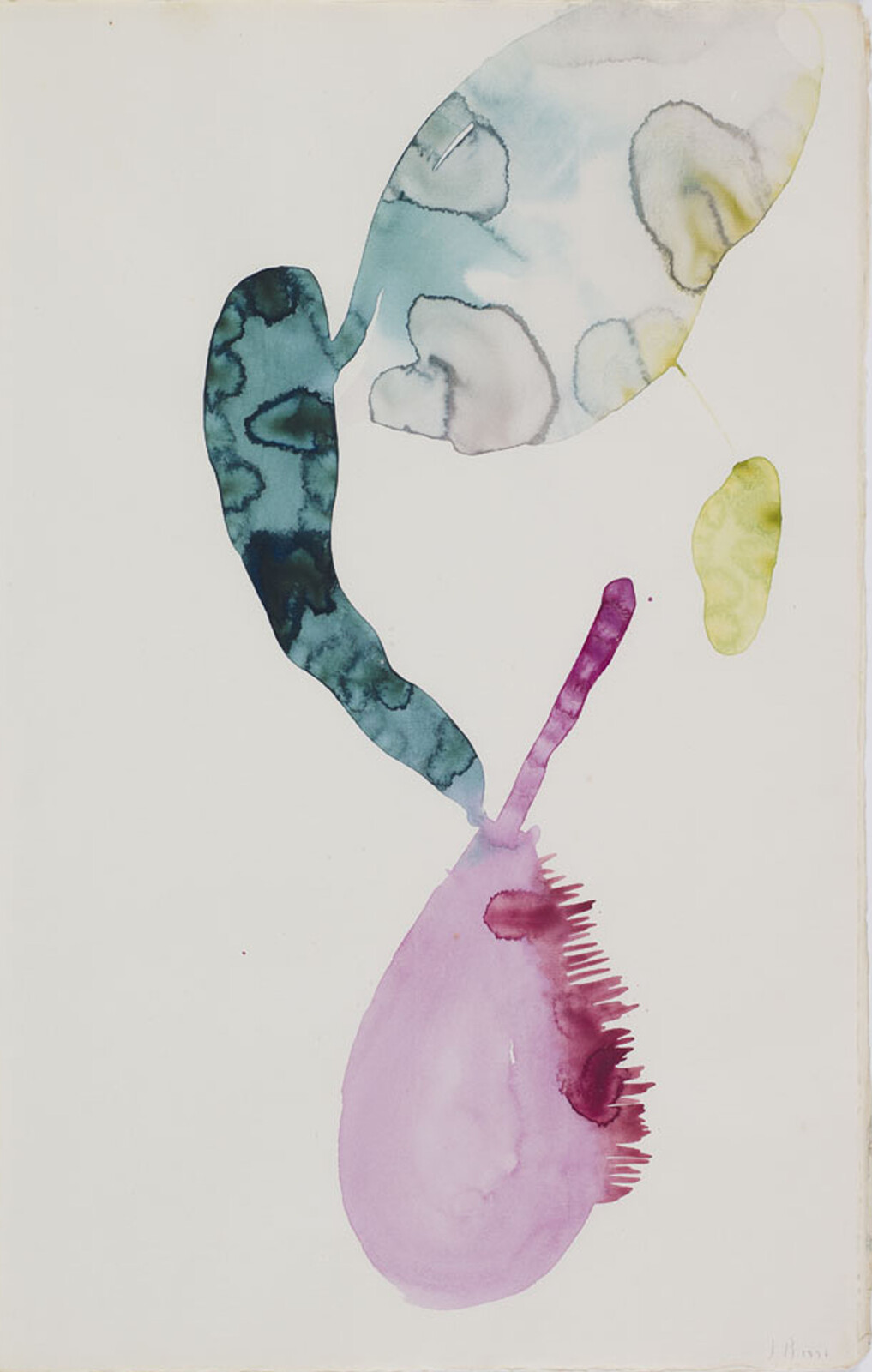 Abstract watercolor showing a large pink teardrop with spiky edge and floating blue shapes.