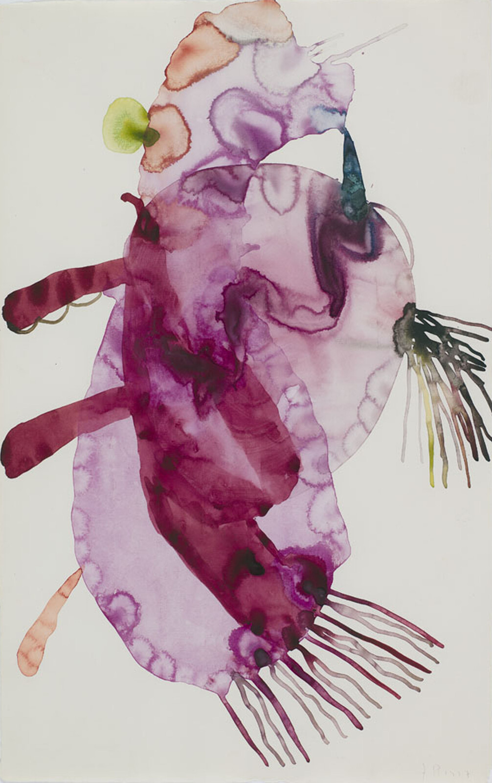 Large abstract watercolor with overlapping magenta and purple organic shapes and thin fringe-like tendrils.