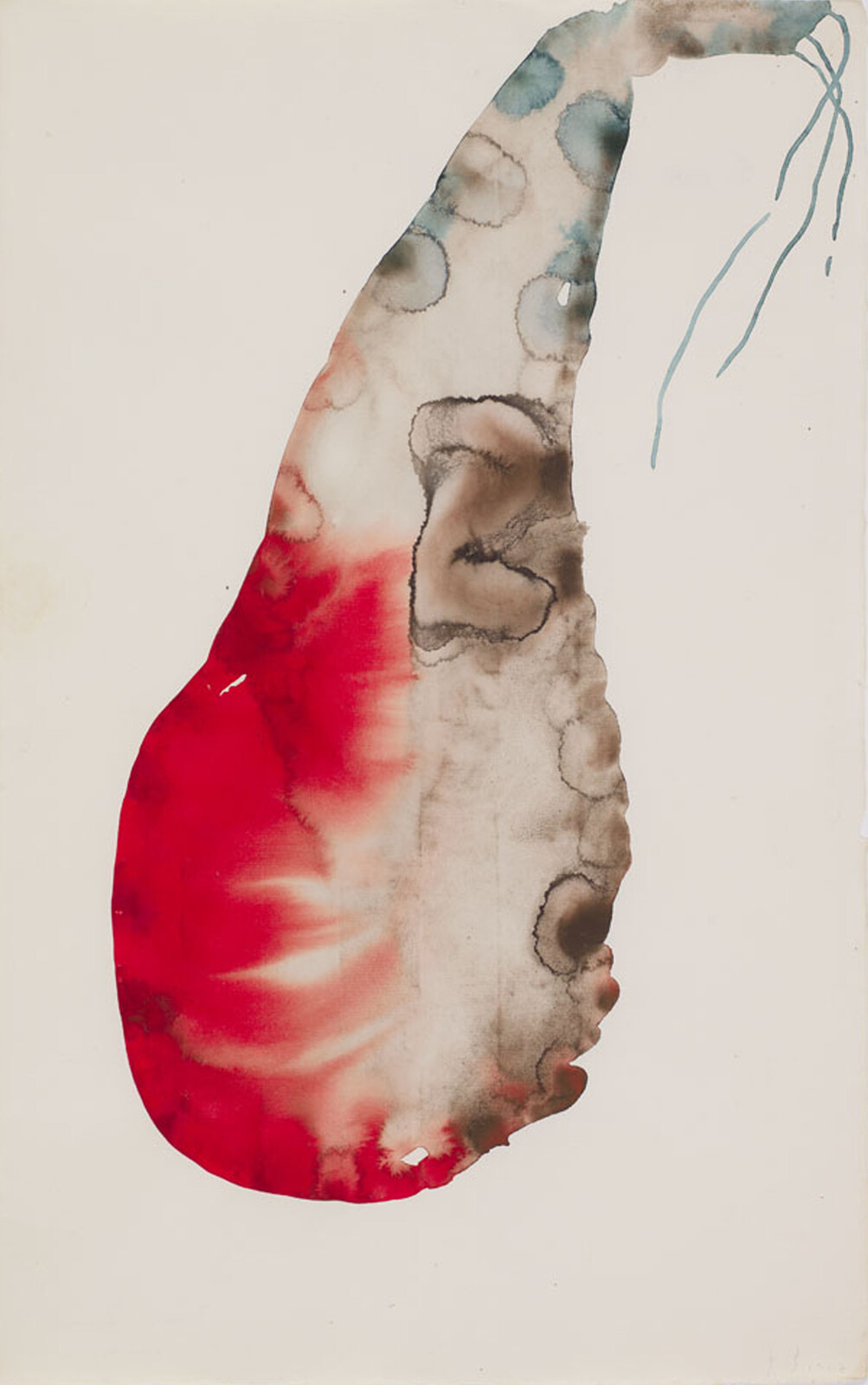 A large abstract watercolor teardrop with vivid red and gray washes and thin blue lines.