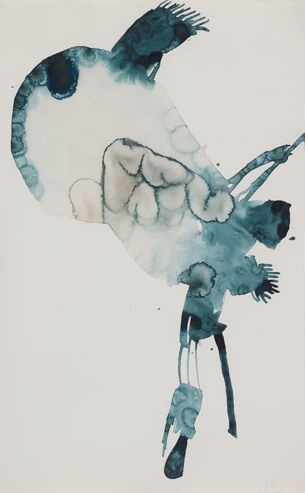 A teal watercolor blot with flowing drips suggesting a hanging bird-like shape.