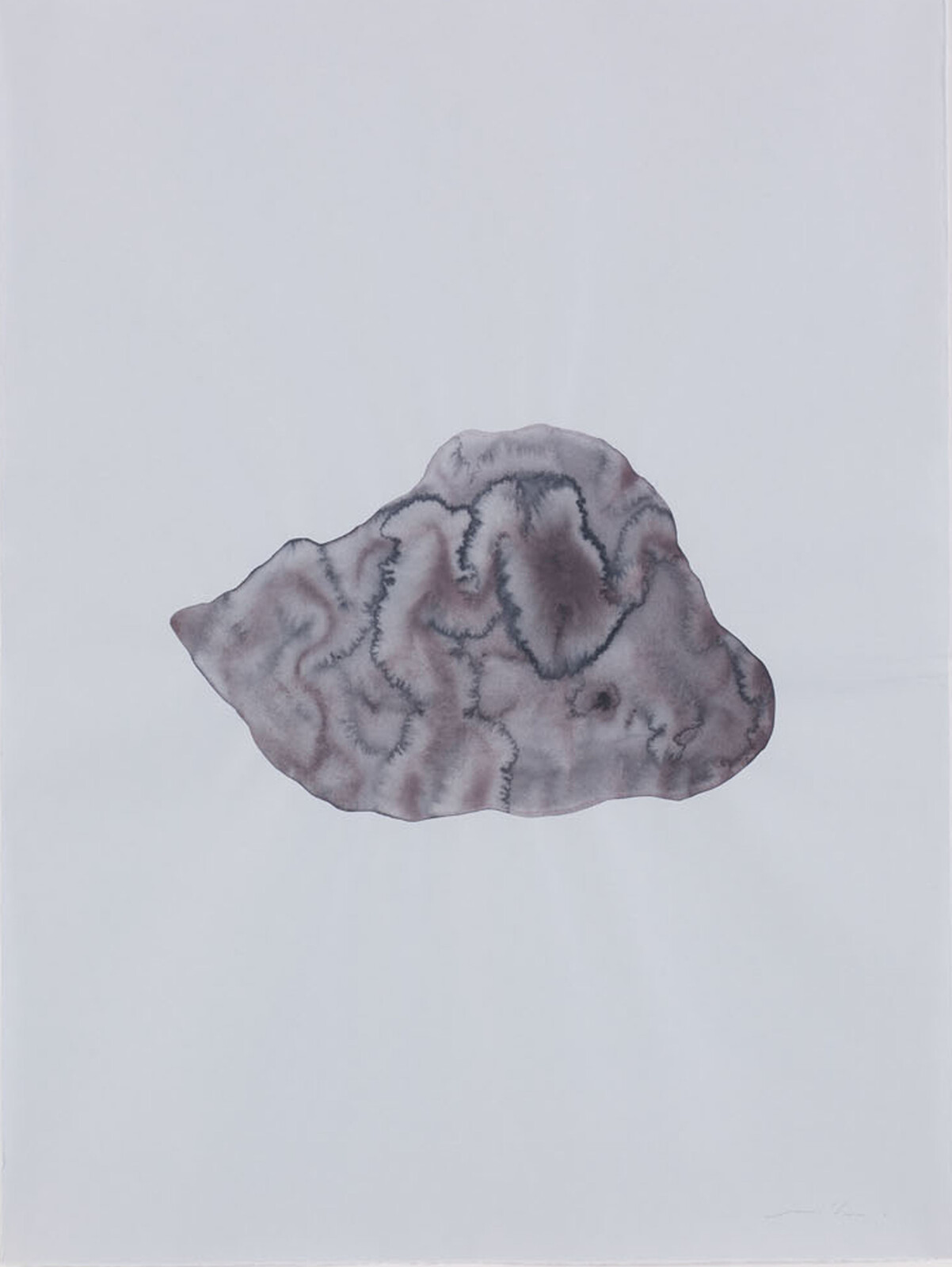 A marbled gray and purple watercolor blot sits centered on a white sheet of paper.