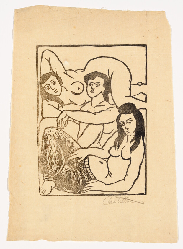 Four stylized reclining nude women arranged closely within a rectangular frame, drawn in bold lines.
