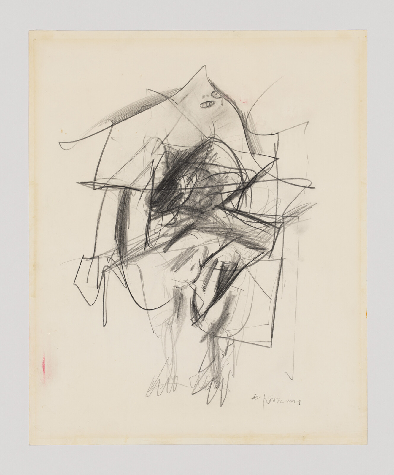 Abstract pencil sketch with overlapping lines and shapes, featuring a small face near the top.