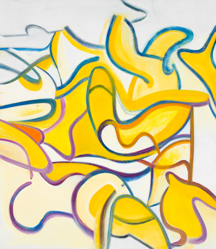 Abstract composition of flowing yellow shapes outlined in blue and purple on a white background.